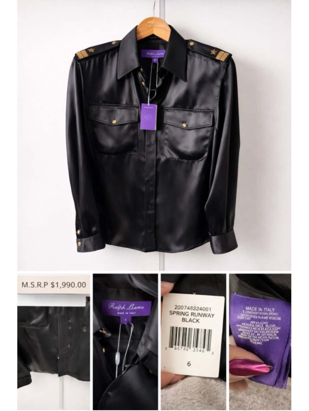 NWT Ralph Lauren Purple Label Runway Black Satin Military Blouse Top 6 Italy - Picture 3 of 4